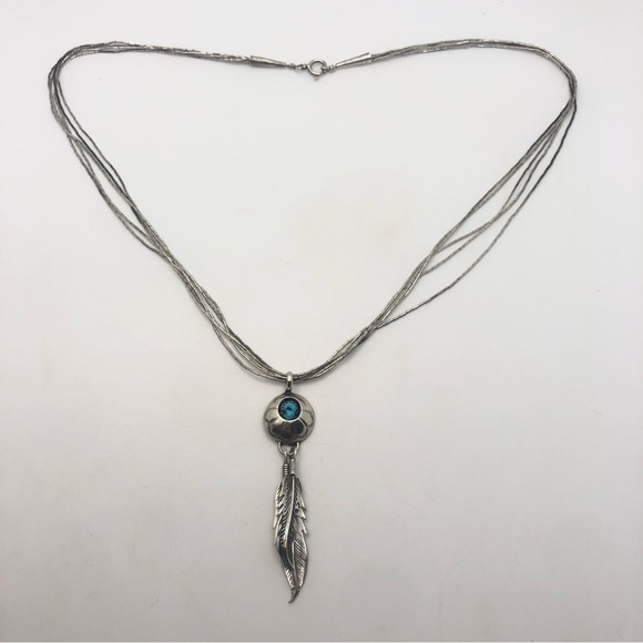 Vtg Navajo Sterling & Turquoise & Feather Pendant Liquid Silver Chain 20” + 2.5” - Picture 3 of 8